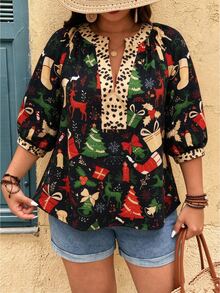 Linhara Fashion Casual Vacation Vintage Elegant Commute 3/4 Sleeve Blue Printed Blouse Fall - Multicolor - View 6