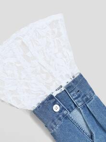GlowEve Women's Lace Patchwork Pleated Single-Breasted Denim Shirt - Medium Wash - View 5