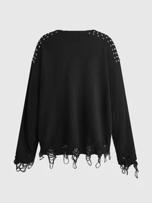 ROMWE Goth Rivet Shoulder Decor Black Ribbed Distressed Punk Women's Sweater - Black - View 2