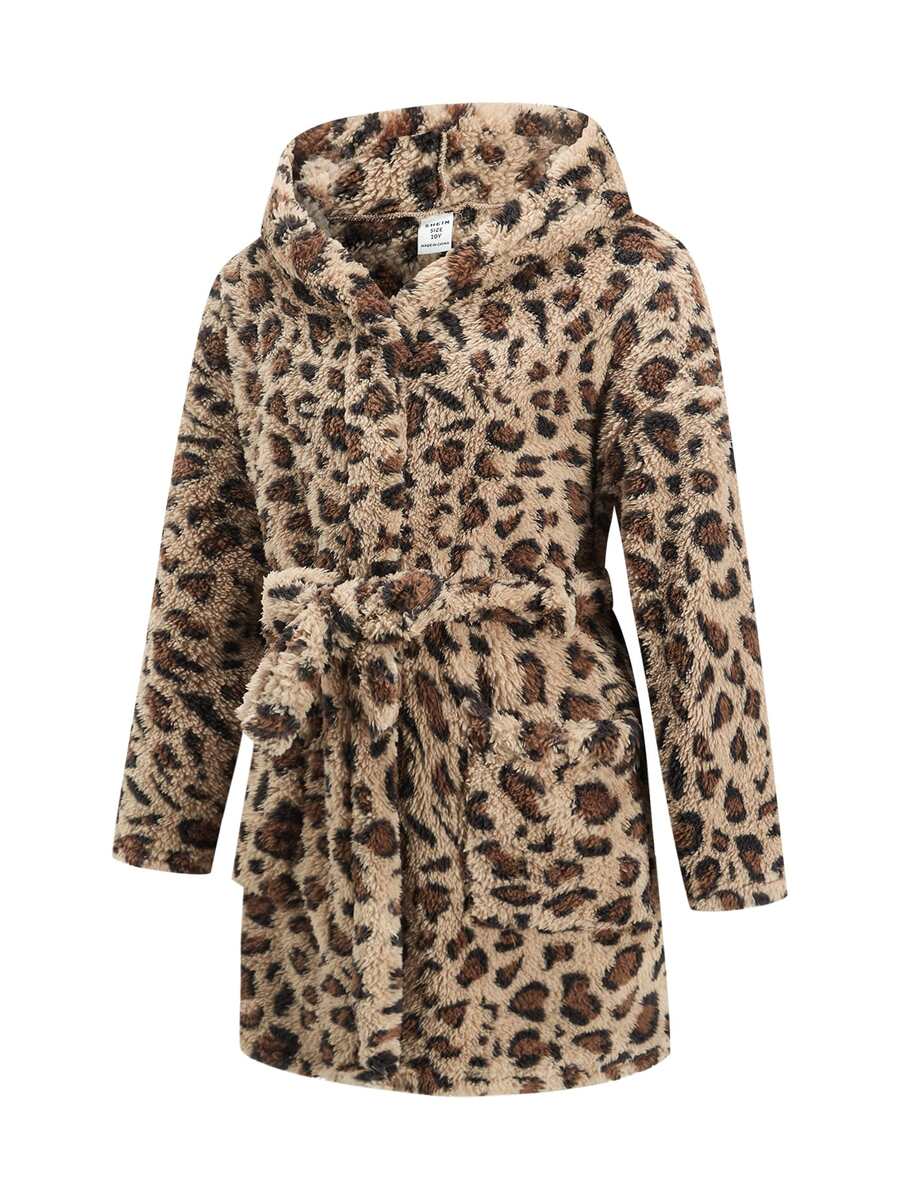 SHEIN Tween Boy Leopard Print Long Sleeve Plush Hooded Lounge Robe - Multicolor - View 1