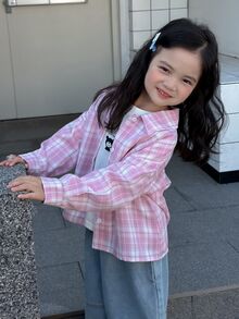 Dazy Kids Young Girl) Plaid Casual Loose Fit Long Sleeve Autumn Outerwear Basic Shirt - Pink - View 7