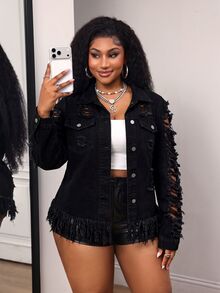 Slaydiva Plus Size Women's Casual Versatile Daily Denim Jacket - Black - View 6