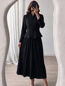 Modelyn Women's Elegant Black Exquisite Beaded Decor Fishtail Hem Jacket With Pleated Vertical Texture Long Skirt, Formal Evening Two Pieces Set - Black - View 8