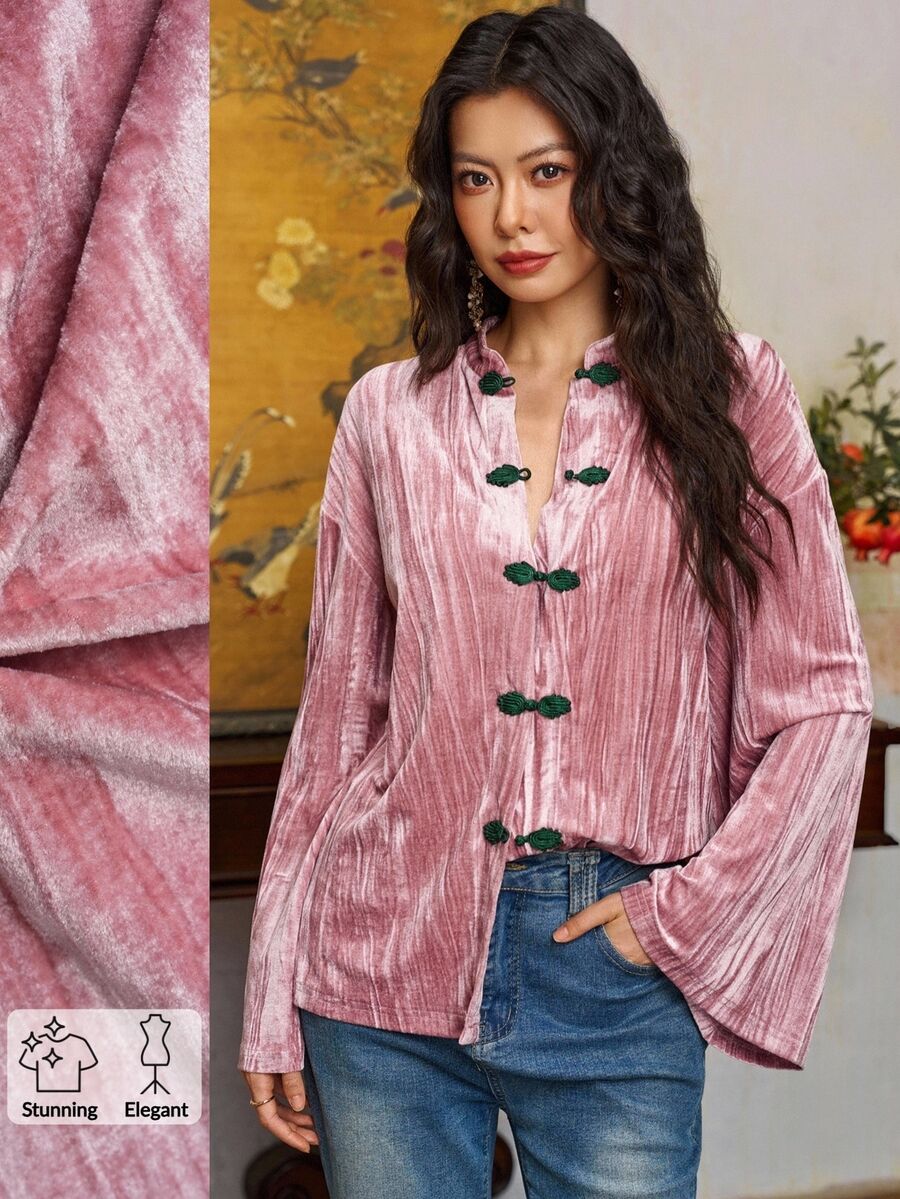 EastFlair Women's Flocked Frog Button Elegant Long Sleeve Top - Coral Pink - View 1