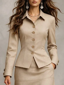 Linhara CURVE Plus Size Solid Color Single-Breasted Long Sleeve Top And Skirt Casual 2 Pieces Set - Apricot - View 6