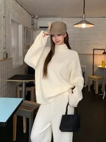 DAZY Setelan 2 Potong Wanita Gaya Korea: Sweater Lengan Panjang dan Celana Kasual Longgar - Putih - View 5