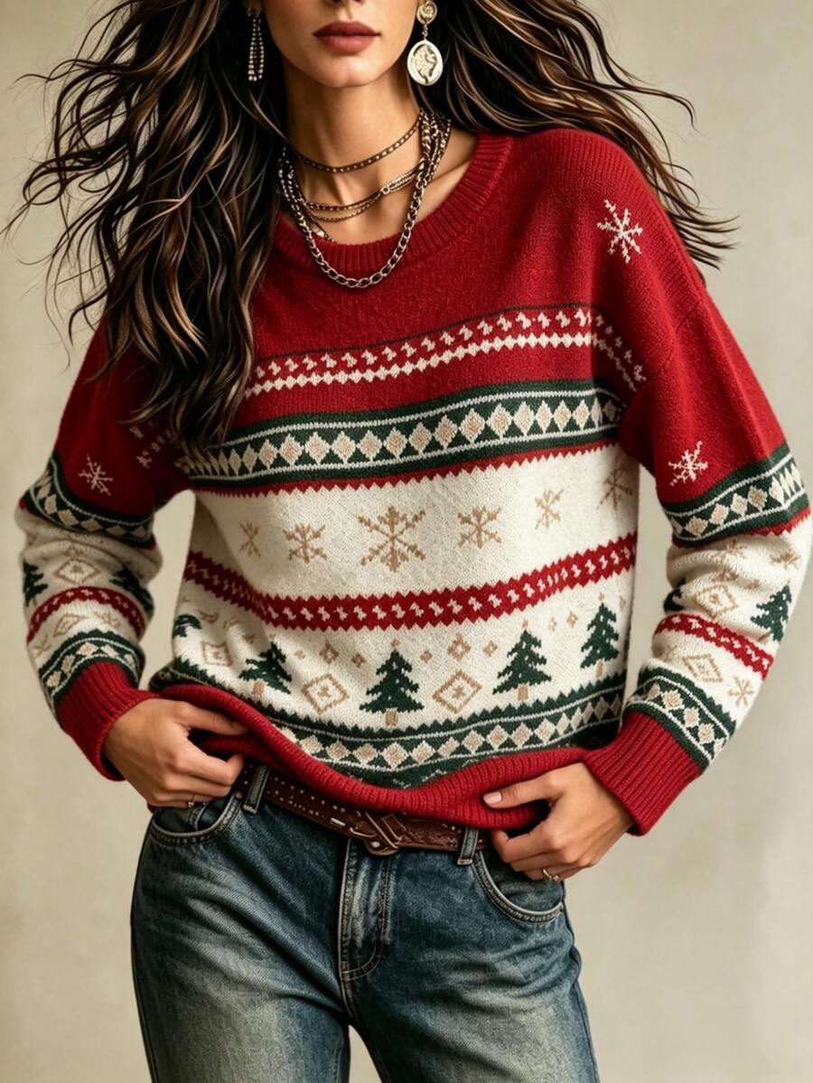 INAWLY Christmas Style Crew Neck Fair Isle Jacquard Sweater, Vintage Christmas Tree & Snowflake Contrast Color Long Sleeve Knit Top - Multicolor - View 1
