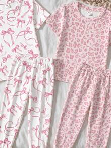 青少年女孩休閒簡約短袖上衣與長褲居家服4件套，適合春夏季 - 彩色 - 查看 5
