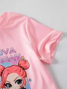 SHEIN 女童 T-shirt 套裝，粉色圓領卡通動漫上衣，直筒長褲，夏季兒童時尚套裝，充滿活力氛圍，適合外出與上學穿著 - 彩色 - 查看 3