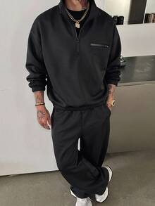 DAZY 男士純色深灰色厚款套頭運動衫套裝，秋冬季四分之一拉鍊男款 - 黑色 - 查看 4