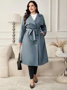 Reflora 大尺碼女款長版翻領風衣/秋季優雅蓋茨比街頭風 黑色 適合辦公室、雞尾酒會、晚宴正式場合 - 水鴨藍 - 查看 1