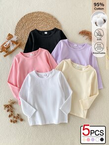 SHEIN 5件裝女童幼兒舒適柔軟純棉休閒可愛百搭圓領長袖簡約T恤，適合秋冬日常穿著，百搭舒適可愛 - 彩色 - 查看 4