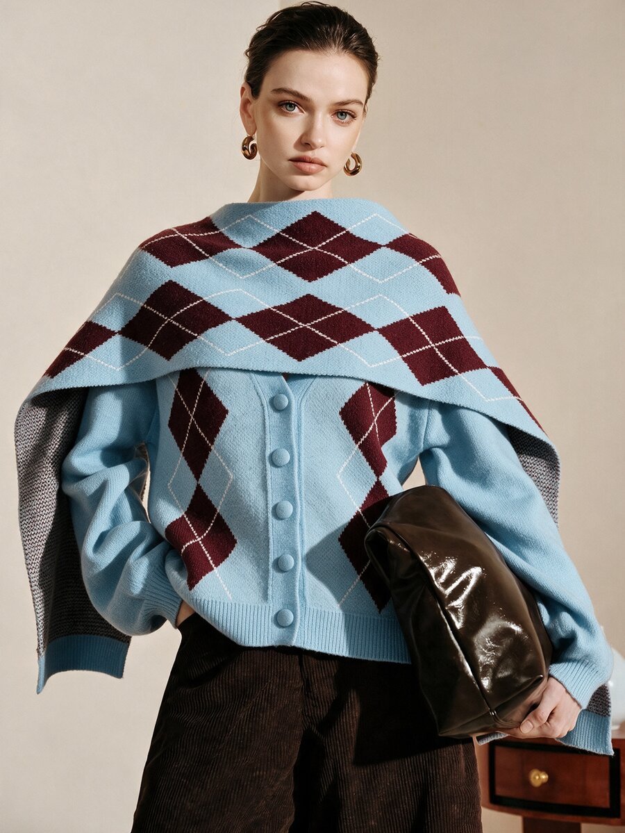 Arave Women's Polar Fleece Fabric Loose Fit Argyle Design Casual Sweater 2 Pieces Set - Multicolor - View 1
