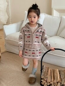Dazy Kids Infant (Girl) Hooded Mesh Christmas Korean Style Long Sleeve Autumn/Winter Sweater Set - Coffee Brown - View 8