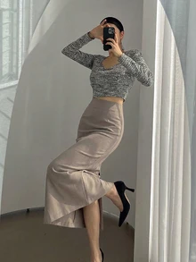 DAZY 女款純色優雅職場直筒開衩鉛筆裙，秋季裙子 - 卡其色 - 查看 7