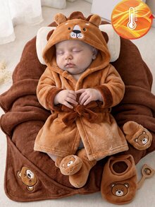 Jubah Mandi Bayi Laki-laki Lucu Bergambar Singa Lembut dengan Tudung, Jubah Mandi Tebal dari Bulu Karang dengan Tali Pinggang, Jubah Mandi yang Menyerap Air untuk di Rumah - Coklat - View 3