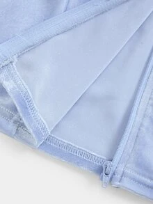 SHEIN 青少年女孩秋冬天鵝絨拉鍊連帽長袖外套配寬腰帶長褲套裝，適合日常優雅穿搭 - 藍色 - 查看 7