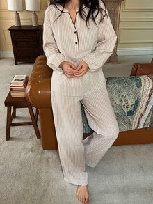 DAZY Women's Striped Colorblock Long Sleeve Top And Pants Casual Daily Home Sleepwear Set - Apricot - View 6