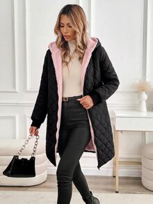 SHEIN Clasi 女款冬季保暖內裡連帽夾克 露營度假 黑色休閒 - 淺粉色 - 查看 4