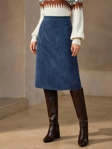 Wildy BOHO High Waist Slant Pocket Corduroy Skirt Casual Work Office Fall - Navy Blue - View 4