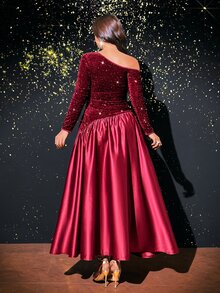 Viva Relle Plus Size French Vintage Cinched Waist Asymmetric Shoulder Elegant Dress - Burgundy - View 6