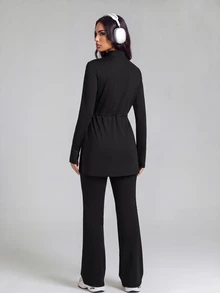 SHEIN With My Calm Kaos Olahraga Lengan Panjang Wanita Timur Tengah dengan Tali Serut - Hitam - View 3