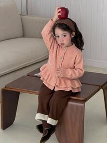 DAZY 嬰兒/幼兒（女童）荷葉邊飾休閒韓風純色秋冬長袖開襟衫 - 粉色 - 查看 6