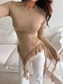 Livesso Women's Elegant Solid Color Ruffle Hem T-Shirt Fall - Brown - View 4