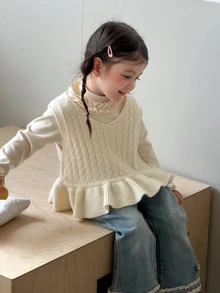 Dazy Kids Infant/Toddler (Girl) V-Neck Ruffle Trim Sleeveless Layered Sweater - Apricot - View 5