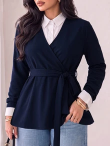 Solavon Plus Size Solid Color Long Sleeve Streetwear Sweater For Daily Wear - Navy Blue - View 5