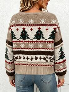 INAWLY Christmas Tree Snowflake Jacquard Asymmetrical Shoulder Short Sweater, Autumn/Winter Cold-Shoulder Long Sleeve Knit Top - Multicolor - View 3