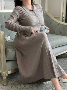 Dazy Plus Solid Color Fitted Elegant Mid-Length Fun Commuter Sweater Dress - Grey - View 4