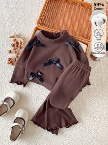 SHEIN 2pcs/Set Infant Girls Casual Vintage Brown Bow 3D Decor High Neck Long Sleeve Asymmetric Top + Flared Pants Fleece Set, Suitable For Daily Wear In Autumn/Winter - Brown - View 2