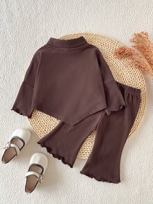 SHEIN 2pcs/Set Infant Girls Casual Vintage Brown Bow 3D Decor High Neck Long Sleeve Asymmetric Top + Flared Pants Fleece Set, Suitable For Daily Wear In Autumn/Winter - Brown - View 3