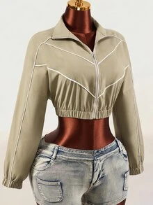 Mistrie Women's Colorblock Casual Versatile Daily Wear Long Sleeve Jacket - Olive Green - View 4