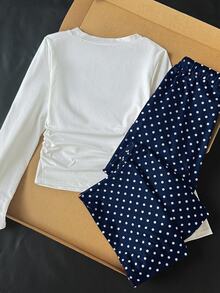 SHEIN 青少年女孩 T-Shirt 套裝 2 件組，針織長袖上衣白色棕色波點款搭配長褲，休閒可愛校園秋季穿搭 - 藍色 - 查看 4