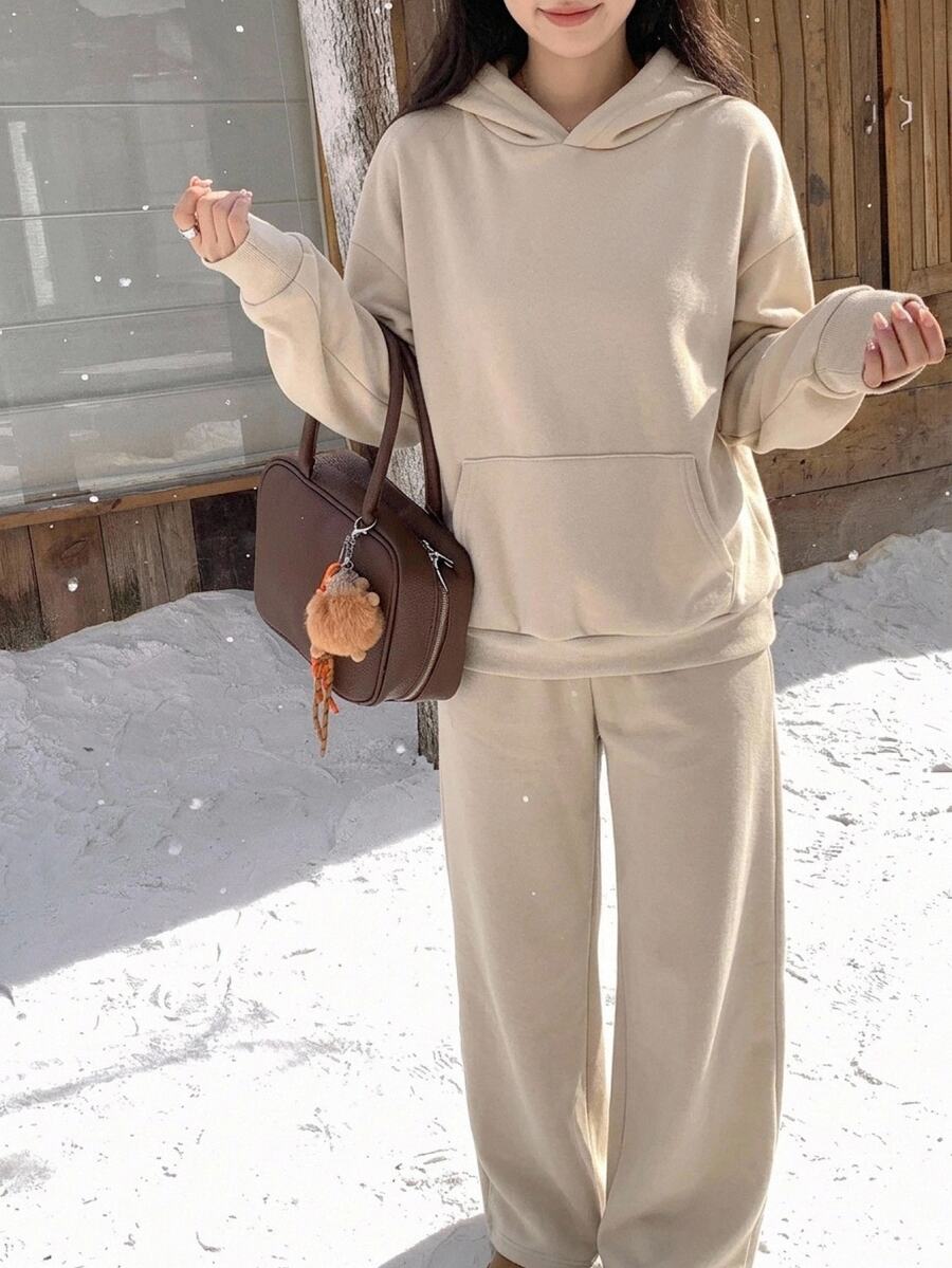 DAZY Women's Solid Color Hooded Pocket Sweatshirt And Pants Casual Daily 2 Pieces Set - Khaki - View 1