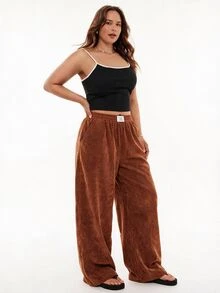 Solavibe Plus Size Women Corduroy High Waist Wide Leg Trousers With Pockets & Patch Design, Suitable For School, Daily Life & Indoor Work, Autumn/Winter - Coffee Brown - View 2