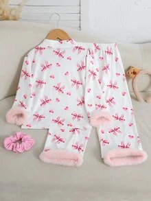 SHEIN 少女粉色睡衣家居服套裝 2件式休閒居家度假派對百搭款 柔軟舒適 秋冬新款 - 粉色 - 查看 2