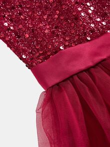 SHEIN Tween Girls Red Halter Neck Waist-Cinching Sequin Mesh Dress, Princess Style, Versatile Elegant Glamorous For Holiday Party, Prom - Burgundy - View 6