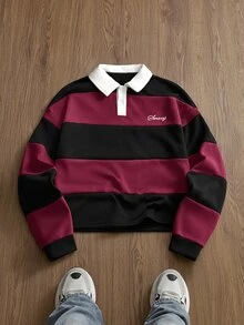 SWAVVY 男士字母刺繡拼接休閒百搭通勤長袖 Polo 衫 - 黑色 - 查看 2