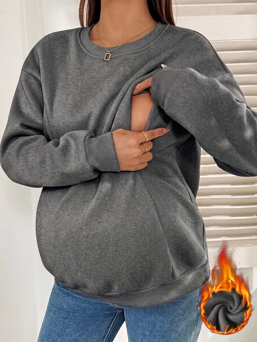SHEIN 孕婦休閒純色哺乳上衣，秋冬加絨寬鬆孕婦連帽衛衣女款運動衫 - 深灰色 - 查看 1