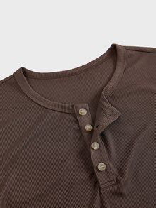 SWAVVY Men's Solid Color Button Half-Placket Slim Fit Long Sleeve T-Shirt - Coffee Brown - View 6