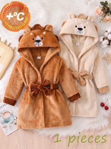 Jubah Mandi Bayi Laki-laki Lucu Bergambar Singa Lembut dengan Tudung, Jubah Mandi Tebal dari Bulu Karang dengan Tali Pinggang, Jubah Mandi yang Menyerap Air untuk di Rumah - Coklat - View 7