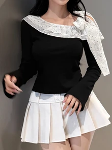FRIFUL Áo thun nữ họa tiết chấm bi phối màu phong cách thường ngày thoải mái - màu đen - Xem 2