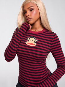 Paul Frank X ROMWE 女款條紋卡通印花休閒日常長袖T恤 - 酒紅色 - 查看 6