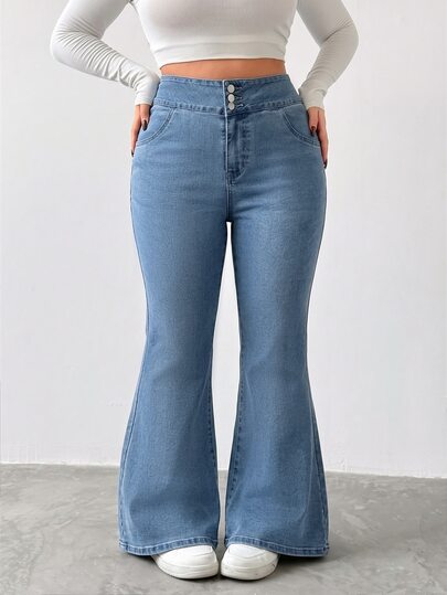 GlowEve CURVE Plus Size Fashion Street Button Pocket Flared Jeans
