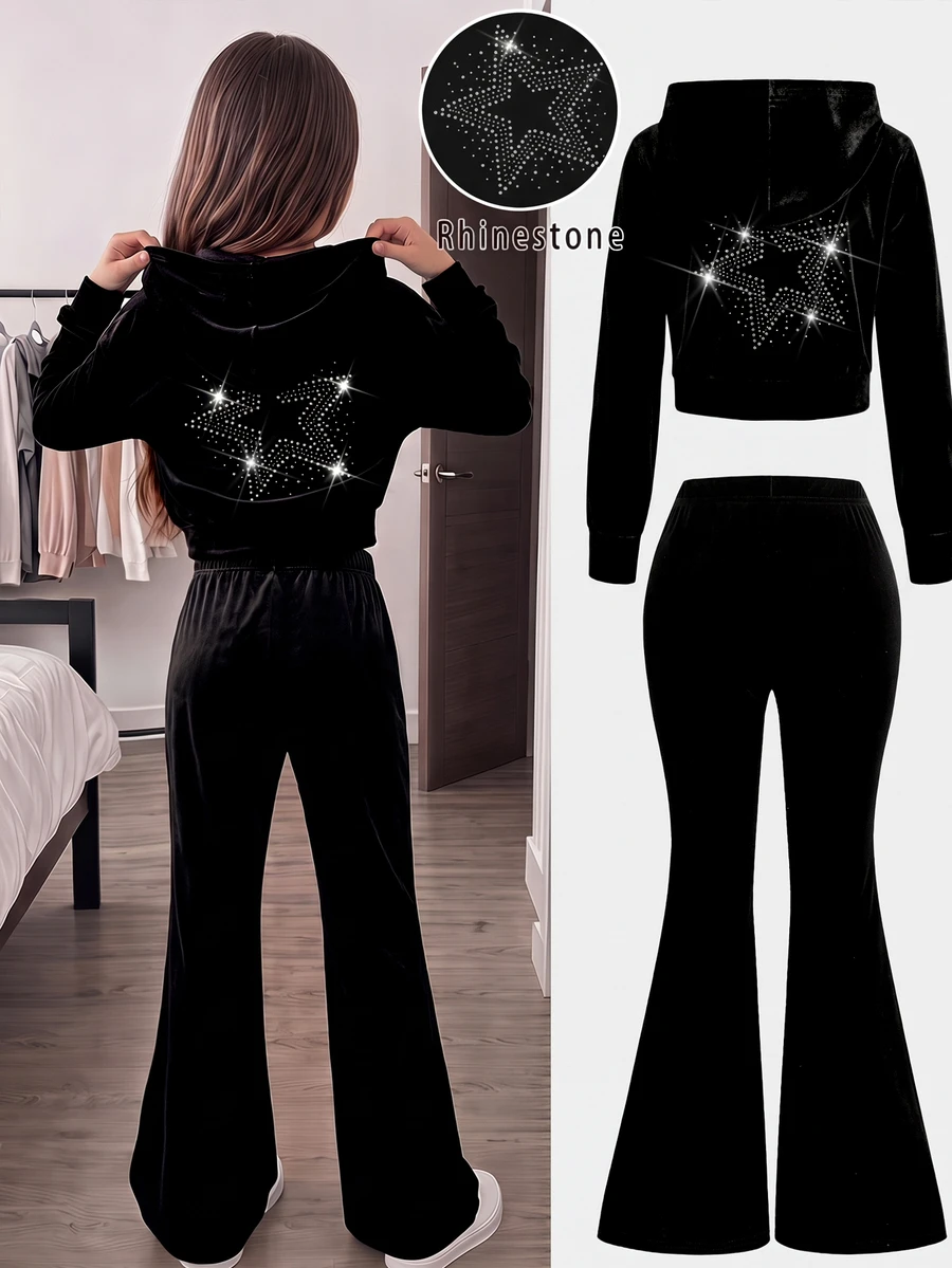 SHEIN 兒童青少年女孩秋冬天鵝絨連帽外套,背面星形水鑽裝飾,袋鼠口袋,拉鍊運動衫搭配修身喇叭長褲休閒時尚兩件套,黑色 - 黑色 - 查看 1