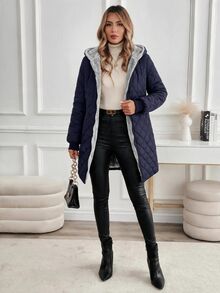 SHEIN Clasi 女款冬季保暖內裡連帽夾克 露營度假黑色休閒款 - 藏蓝色 - 查看 6