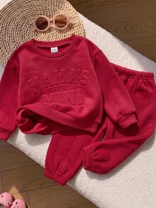 SHEIN 女嬰 Mama's Mini 壓紋字母紅色運動衫與慢跑褲 2件套保暖抓絨運動服，可愛媽咪風秋冬聖誕套裝 - 紅色 - 查看 8